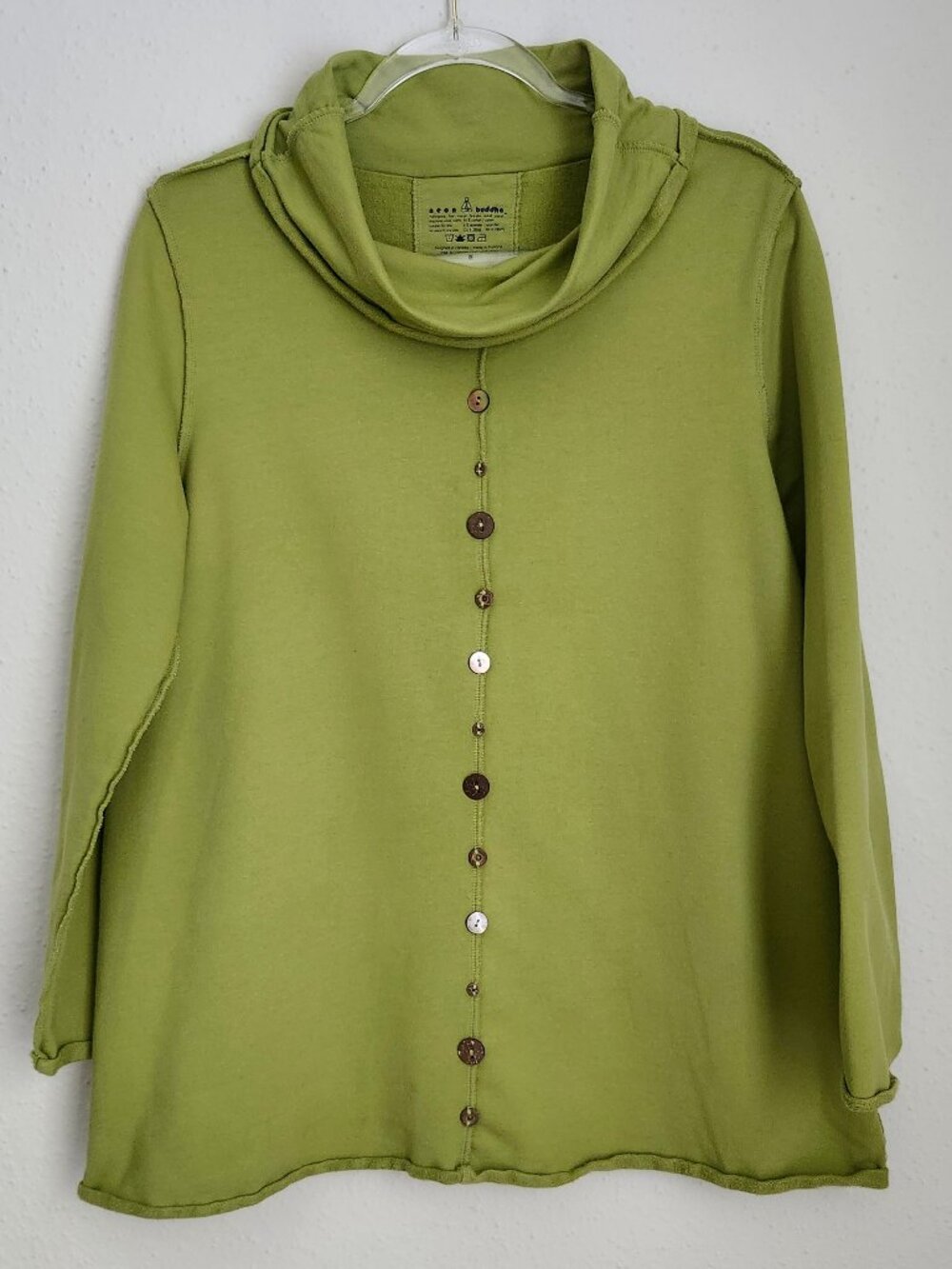 NEON BUDDHA Draped Cowl Neck Button Embellished Green Tunic Top M